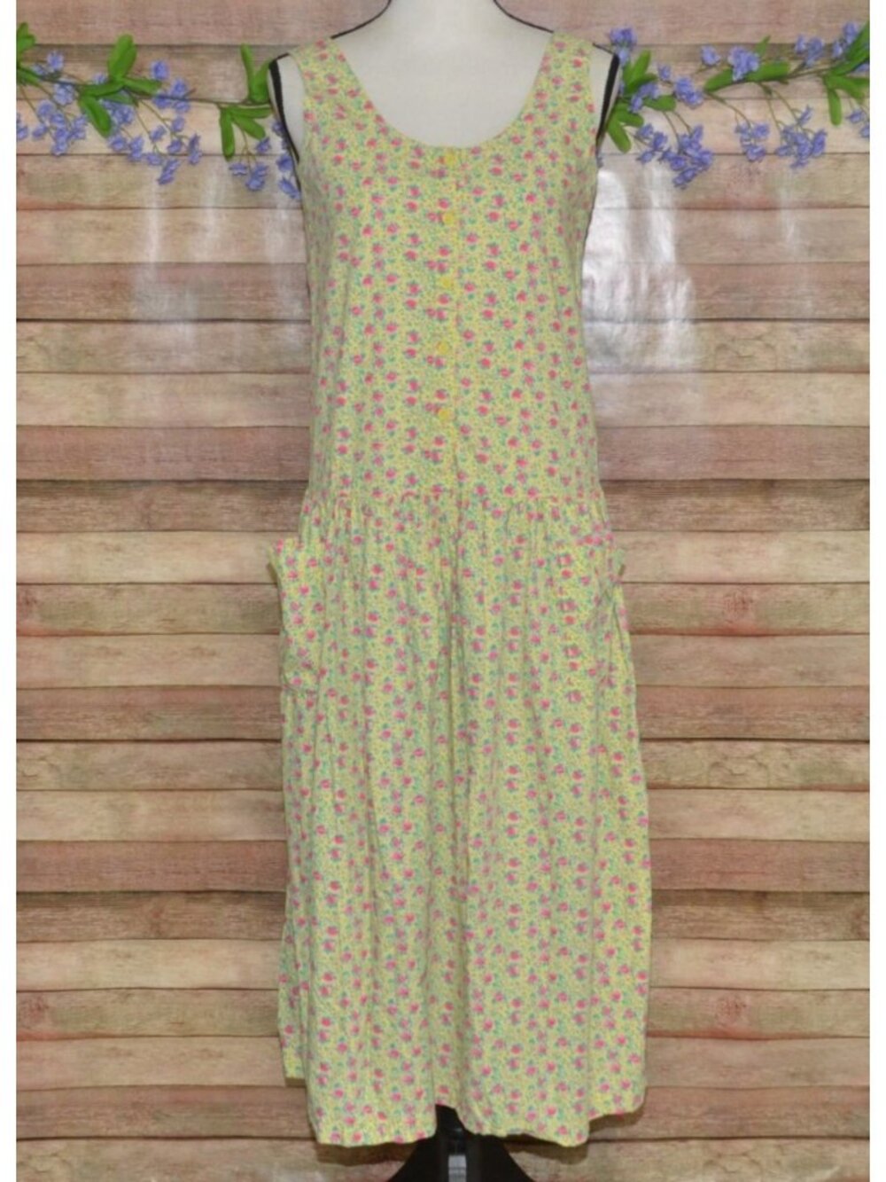 VTG 80's Komil Hawaii Dress Size S Yellow Floral Button Up Shabby Chic Cottage
